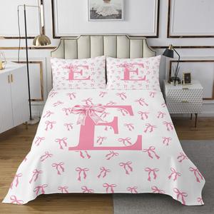 Erosebridal Комплект постельного белья Initial E Letter Quilt Set Kawaii с розовыми бантами и фэнтези принтом, White Pink E
