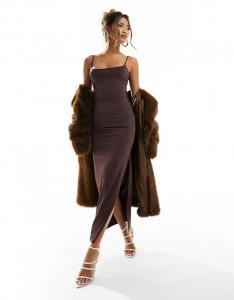 Темно-коричневое облегающее платье миди с вырезом в стиле 90-х и лямками на бретельках ASOS