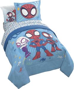 Детский комплект постельного белья Jay Franco, включающий простыни и наволочки - мягкий и уютный комплект для стильного оформления комнаты, светло-голубой - Человек-паук и его удивительные друзья, комплект из 5 предметов для односпальной кровати