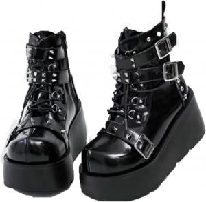 Женские готические ботильоны Y2K с массивной платформой и клиновидным каблуком, заклепками, пряжкой, боковой молнией и круглым носком, панк-байкерские ботинки ZQW, Black004