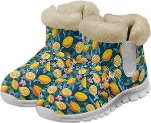Женские зимние сапоги без шнуровки с теплой меховой подкладкой, фруктовый принт, короткие уличные ботинки с противоскользящей подошвой Qoiuvncy, Lemons