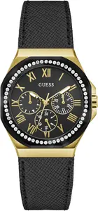 Женские часы Guess 36 мм - черный кожаный ремешок, черный циферблат, корпус золотистого оттенка