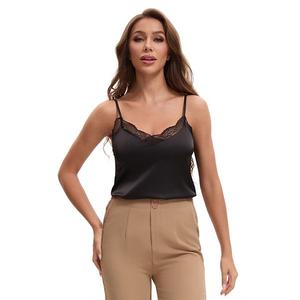 Женская камисоль с кружевной отделкой из шелкового атласа, V-образным вырезом и регулируемыми бретелями Inspire Chic, Black