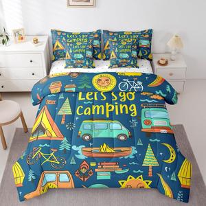 Erosebridal Комплект постельного белья Happy Camping с комфортером и простынями в тематике путешествий, Green