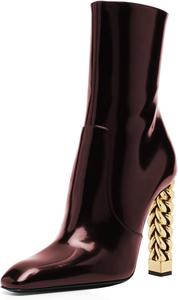 Wansseny Женские шикарные ботильоны на высоком каблуке с золотой металлической цепочкой, квадратный носок, боковая молния, модные вечерние ботинки для вечеринок, размер 4-16 US