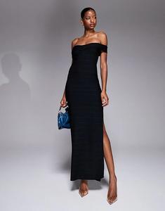Эксклюзивное платье-макси Kaiia с боковыми разрезами и вырезом Bardot черного цвета