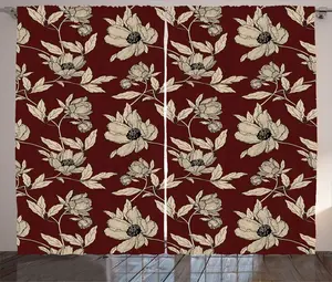 Шторы ABAKUHAUS Floral Rustic с винтажным рисунком маков, универсальные ленточные шторы для гостиной с петлями и крючками, 280 x 225 см, серо-желто-бордовый Abakuhaus