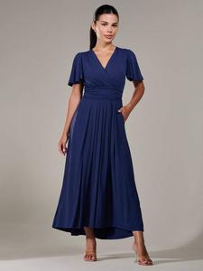 Макси-платье из шелковистого джерси с коротким рукавом Jolie Moi, цвет Blue Navy