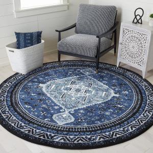 Ковер SAFAVIEH, 201 x 201 см, Vintage Hamadan Collection Round Blue/Black VTH201M традиционный восточный, без ворса, для прихожей, гостиной, спальни или кухни