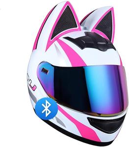Шлем мотоциклетный ACLFF Cat Ear Bluetooth, белый / розовый / черный