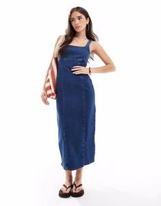 ASOS DESIGN облегающее джинсовое платье миди с квадратным вырезом цвета индиго