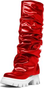 Женские ботильоны с платформой, закругленным носком и отворотом до середины икры, на массивном каблуке, с легким надеванием, модные, в форме акулы, для вечеринок Driceic, Red