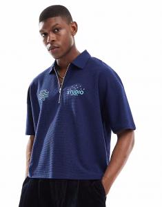 Свободного покроя поло ASOS DESIGN свободного покроя с заниженной линией плеч из плотной вафельной текстуры плотностью 230 г/м² с вышивкой темно-синего цвета