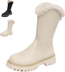 Женские сапоги средней длины с плюшевой подкладкой, массивным каблуком, высокие сапоги с округлым носком, удобные повседневные ботильоны на низком каблуке с задней молнией Generic, Beige