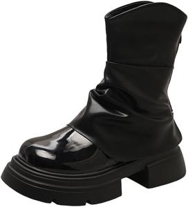 Женские ботильоны - толстая подошва, однотонные, с круглым носком, задняя молния, массивный каблук - подходят для повседневной носки или работы. HoaloX, Black