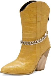 Женские западные ковбойские ботильоны на щиколотку с острым носком, молнией и цепочкой, массивным высоким каблуком, широкие ботинки для езды JOEUSTY, Yellow