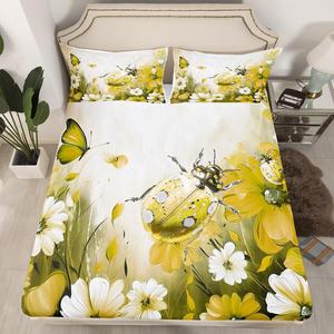 Erosebridal Простыня на резинке Ladybug с цветами маргаритки, желтый градиент, акварельные божьи коровки, бохо декор, Yellow