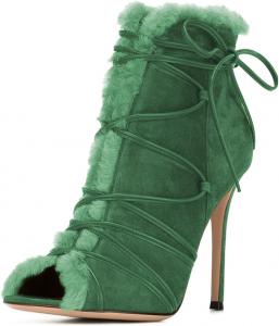 Женские стильные ботильоны YDN с открытым носком на высоком каблуке, шнуровкой и меховой подкладкой, шпилька, женские ботинки для вечеринок и коктейльных мероприятий, размер 4-16 US, Green