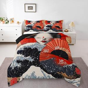 Erosebridal Комплект постельного белья Japanese Geisha Samurai Ukiyoe с японским морским принтом и кимоно, White Black Red