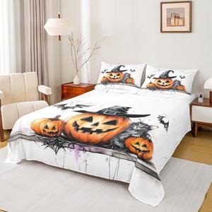 Erosebridal Комплект постельного белья Witch Hat Pumpkins с милыми котятами и готическим хэллоуинским принтом из паутины и летучих мышей, Orange Black