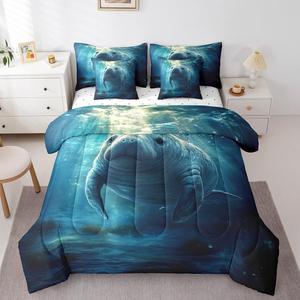 Erosebridal Комплект постельного белья Manatee King с морскими животными и океанским принтом для детей и взрослых, Blue Black