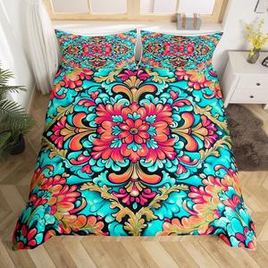 Erosebridal Комплект постельного белья Hippie Boho в стиле бохо с этническим цветочным принтом и застежкой-молнией, Blue Red Orange