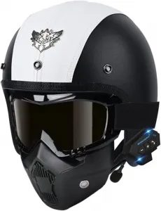 Мотоциклетный шлем с Bluetooth, шлем из искусственной кожи, полушлем 3/4, одобренный DOT/ECE, винтажный полушлем, шлем-джет, шлем для скутера, защитный шлем с очками, открытый мотоциклетный шлем, шлем для скутера HaiBing, 17
