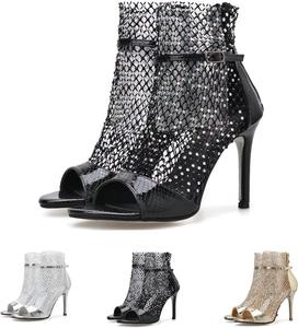 Женские ботильоны с сеткой и змеиным принтом, модные гладиаторские летние туфли на высоком каблуке, босоножки с открытым носком, украшенные стразами, ботильоны и сандалии Generic, Black