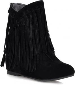 Женские замшевые ботильоны на скрытой танкетке с бахромой, сексуальный заостренный носок, теплая меховая подкладка, без застежки, низкий каблук, ботинки с внутренним увеличением роста Generic, Black