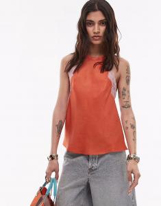 Топ с халтернеем и контрастным кружевом темно-оранжевого цвета Topshop