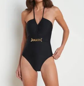 Слитный купальник Leila с завязками на шее, черно-золотой с поясом L'Agence