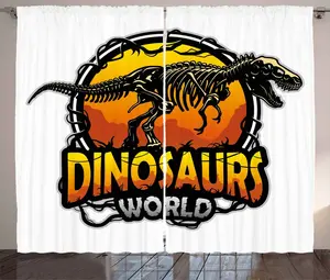 Штора ABAKUHAUS Динозавр в деревенском стиле, Мир динозавров, Страшный зверь, универсальная тесьма для гостиной с петлями и крючками, 280 x 225 см, цвет: оранжевый, желтый, серый