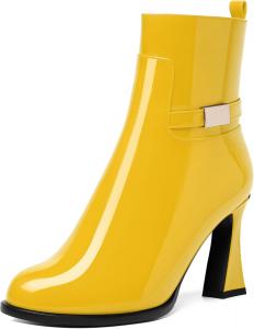 Ботинки NUMALEO Womens Sexy Patent Zip Metal Ankle Strap Night Club Round Toe Block High Heel Ankle High Boots 3.3 Inch, Yellow