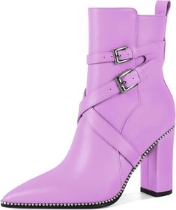 Женские ботильоны AUMOTED с заостренным носком, украшенные бисером, массивным каблуком 3,5 дюйма, с боковой молнией, вестерн-стиль, Matte Light Purple