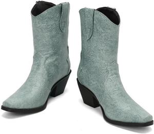 Женские ботильоны вестерн-ковбой с цветочным принтом, с широким каблуком, из искусственной кожи, повседневные ботинки на молнии, байкерские тапочки Kldyj, Blue