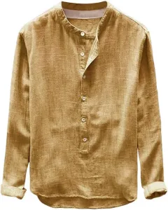 Мужская хлопковая льняная футболка-хенли с длинным рукавом