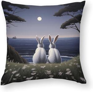 HighonHi Чехол для подушки сатин "Кролик в полнолуние" декоративный с потайной молнией Pillow