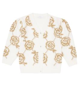 Шерстяной кардиган с цветочной интарсией Lurex Monnalisa, Panna+Oro Chiaro
