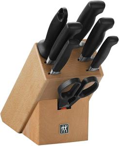 Набор ножей Zwilling Four Star, 8 предметов, деревянная подставка, набор ножей, точильный стержень и ножницы, специальная нержавеющая сталь, эргономичная пластиковая рукоятка, черный [Сделано в Германии]