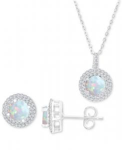 Комплект из двух предметов: колье с подвеской-нимбом из искусственного опала (1,5 карата) и искусственного белого сапфира (1 карат), а также соответствующие серьги-гвоздики из стерлингового серебра Macy's, Opal