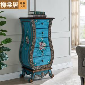 Liutangju Комод 50х35х103 см для прихожей из массива дерева, 5 ящиков, американский стиль, полностью собран, синий