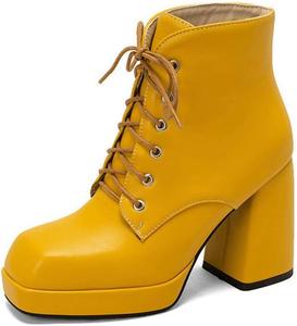 Женские ботильоны с квадратным носком и массивным каблуком, высокие с застежкой на шнуровке, модная обувь JMdfcqer, Yellow