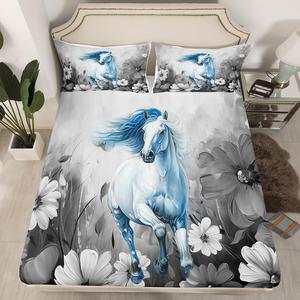 Erosebridal Комплект постельного белья Horse с принтом ромашек и бабочек в сине-сером омбре, Blue Grey