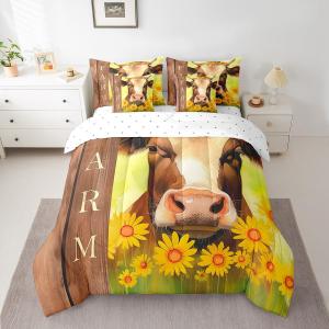Erosebridal Комплект постельного белья Highland Cow Queen с принтом подсолнухов и коров в стиле вестерн, водяные краски, коричневый, Brown Yellow