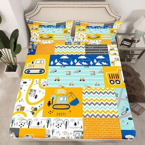 Erosebridal Детский комплект постельного белья с инженерными грузовиками и тракторами в сине-желтой геометрической расцветке, Car 07