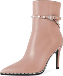 Женские ботильоны SAMMITOP, короткие сапожки с заостренным носком, стойка-кубита на высоком каблуке, модные туфли с бусинами, жемчужной пряжкой, для платья, каблук 4 дюйма