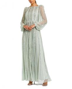 Платье с лодочкой и длинными рукавами с полосатой вышивкой бисером Mac Duggal, зеленый