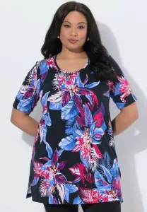 Длинная футболка с цветочным принтом muster alinie rundhals halbarm Ulla Popken, Black