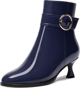 Женские ботильоны AMBELIGHT с круглым носком, ремешком на щиколотке для свиданий, лакированные, с молнией, на низком каблуке 2 дюйма, Navy Blue