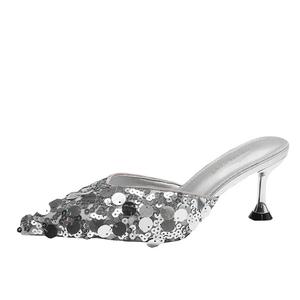 Женские сандалии с закрытым носком, резиновой подошвой, блестками, устойчивые к запахам и истиранию CAOT, Silver 6.5Cm